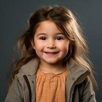 un pequeño niña con largo pelo sonriente a el cámara generativo ai foto