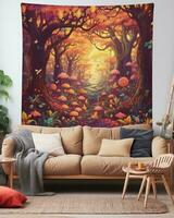 a living room with a wall tapestry depicting an autumn forest generative ai photo