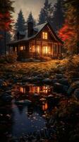 a log cabin in the woods at dusk generative ai photo