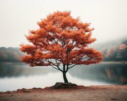 a lone tree in the middle of a lake with fog generative ai photo