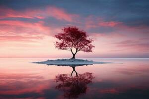 a lone tree on an island in the middle of the ocean at sunset generative ai photo