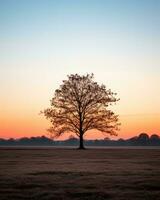 a lone tree stands in the middle of a field at sunset generative ai photo