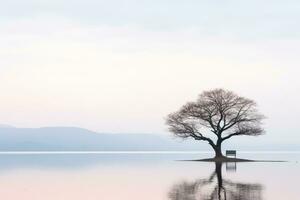a lone tree sits on the edge of a body of water generative ai photo
