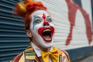 a man dressed as a clown is standing in front of a wall generative ai photo