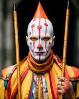 a man dressed as a clown holding two sticks generative ai photo