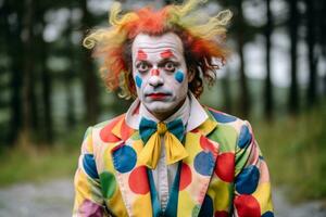 a man dressed as a clown standing in the woods generative ai photo