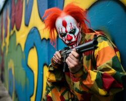 a man dressed as a clown holding a gun in front of a graffiti wall generative ai photo