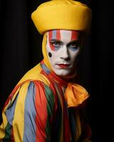 un hombre vestido como un payaso con un amarillo sombrero generativo ai foto