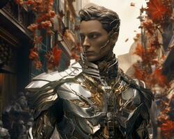 a man dressed in gold armor stands in the middle of a city street generative ai photo