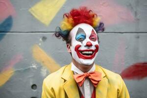 un hombre en un payaso traje es sonriente mientras en pie en frente de un pintada pared generativo ai foto