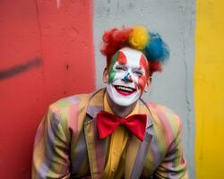 un hombre en un payaso traje es sonriente mientras posando en frente de un vistoso pared generativo ai foto