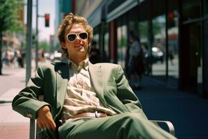 a man in a green suit and sunglasses sitting on a bench generative ai photo