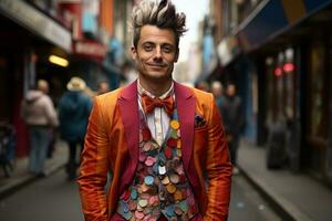 a man in a colorful suit and bow tie standing on a city street generative ai photo