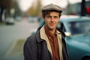 a man in a hat and coat standing in front of a car generative ai photo