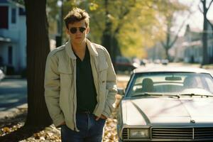 a man in a jacket standing next to an old car generative ai photo