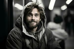 a man in a hoodie sitting on a subway train generative ai photo