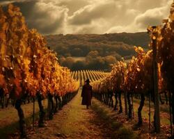 a man in a red coat walks through a vineyard generative ai photo