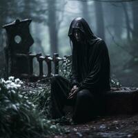 a man in a hooded robe sitting on a bench in the woods generative ai photo