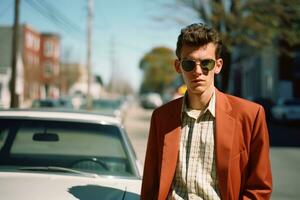 un hombre en un rojo chaqueta y Gafas de sol en pie siguiente a un coche generativo ai foto