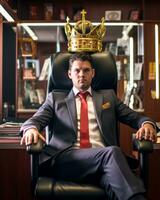 a man in a suit and tie sitting in an office chair with a crown on his head generative ai photo