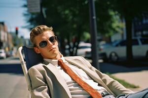 a man in a suit and tie sitting on a chair generative ai photo