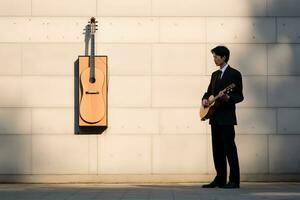 a man in a suit holding a guitar in front of a wall generative ai photo