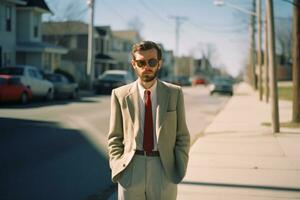 a man in a suit and tie standing on a street corner generative ai photo