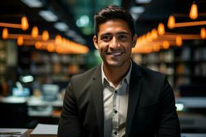 a man in a suit is smiling in front of a library generative ai photo