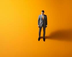 un hombre en un traje en pie en un naranja antecedentes generativo ai foto