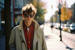 a man in sunglasses and a trench coat standing on a city street generative ai photo