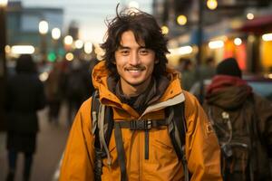 un hombre en un naranja chaqueta sonrisas para el cámara generativo ai foto