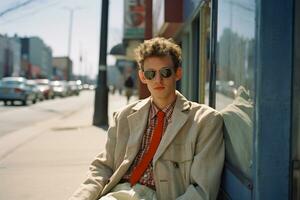 a man in sunglasses sitting on the sidewalk in front of a store generative ai photo