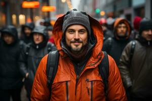 a man in an orange jacket standing in the middle of a group of people generative ai photo