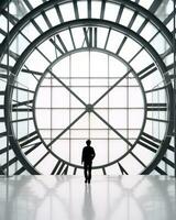 a man is standing in front of a large clock generative ai photo