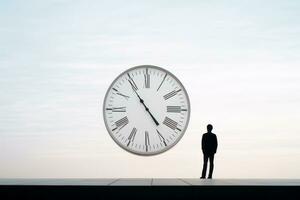 un hombre es en pie en frente de un grande reloj generativo ai foto