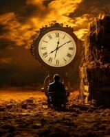 a man sitting in front of a large clock generative ai photo