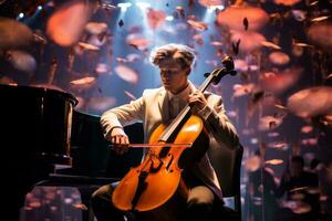 un hombre jugando el violonchelo en un oscuro habitación generativo ai foto