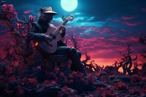 a man playing a guitar in the woods at night generative ai photo