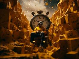 a man sitting in a chair in front of a large clock generative ai photo