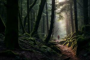 a man is walking through a forest with sunlight coming through the trees generative ai photo