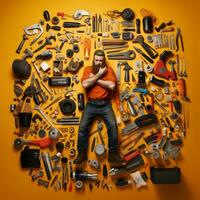 a man sitting in a circle of tools generative ai photo