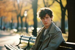 a man sitting on a park bench generative ai photo