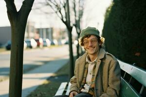 a man sitting on a green bench generative ai photo