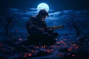 un hombre sentado en el suelo jugando un acústico guitarra en frente de un lleno Luna generativo ai foto