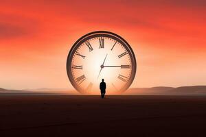 un hombre en pie en frente de un grande reloj a puesta de sol generativo ai foto