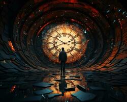 a man standing in front of a large clock in a dark tunnel generative ai photo