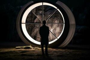 a man standing in front of a large circular wheel generative ai photo