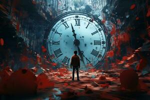 a man standing in front of a large clock in a dark room generative ai photo