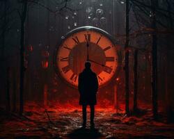 a man standing in front of a large clock in the woods generative ai photo