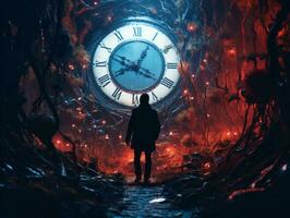 a man standing in front of a large clock in a dark forest generative ai photo